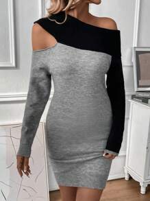 SHEIN Clasi Vestido De Suéter Ajustado De Cuello Asimétrico Y Color Contrastante Para Mujer - Multicolor - Ver 1