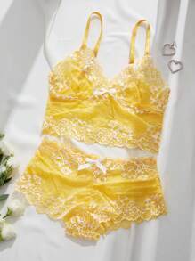 مجموعة الملابس الداخلية الصدرية الدانتيل الأزهار وboyhorts - أصفر - مشاهدة 1
