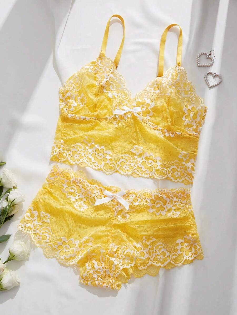 مجموعة الملابس الداخلية الصدرية الدانتيل الأزهار وboyhorts - أصفر - مشاهدة 1