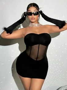 SHEIN ICON 大碼網紗拼接抹胸緊身連衣裙無手套 - 黑色 - 查看 1