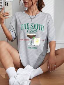 SHEIN EZwear Đồ họa Chữ cái Áo thun Thả vai - Xám - Xem 3