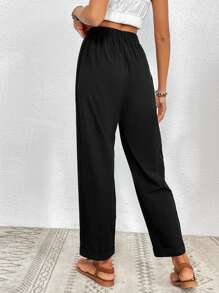 SHEIN VCAY Tie Waist Straight Leg Pants - Black - View 2