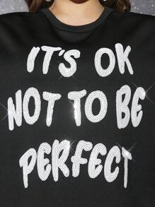SHEIN SXY Women'S Plus Size Sparkly Sequin 'It'S OK Not To Be Perfect' Slogan Design T-Shirt New Years Top Club Outfits