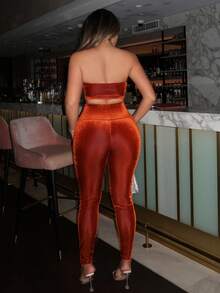 SHEIN SXY Của phụ nữ Áo không dây Và Thon gọn Quần Bộ Với Long lanh Chất vải , Thích hợp Cho bữa tiệc Và Năm mới Đêm trước - Màu Khaki - Xem 5