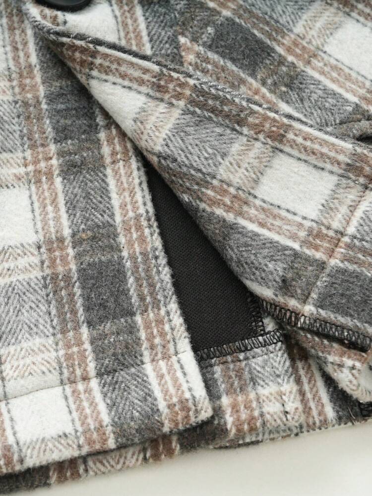 Young Boy Plaid Print Pocket Patched Overcoat