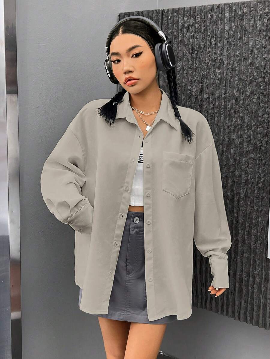 SHEIN EZwear 落肩袖口袋貼布落肩袖襯衫 - 杏色 - 查看 1