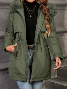 SHEIN LUNE Women's Winter Clothes Solid Color Long Sleeve Drawstring Waist Patchwork Fluffy Hooded Casual Parka Padded Padded Coat