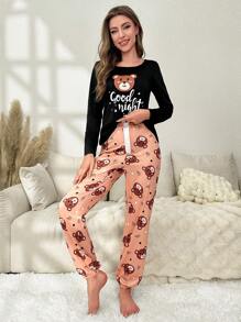 Bear & Letter Graphic PJ Set / Pajama Set - Black - View 6