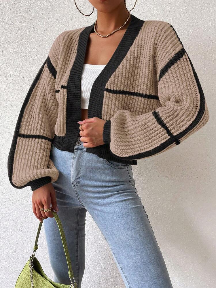 Contrast Trim Lantern Sleeve Duster Cardigan Fall Winter Cloth For Women