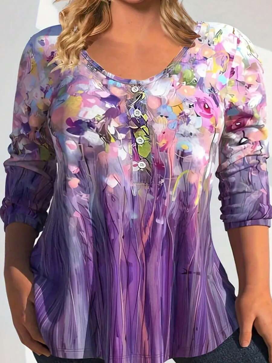 SHEIN LUNE Talla grande Camiseta con estampado floral con botón delantero - Multicolor - Ver 1