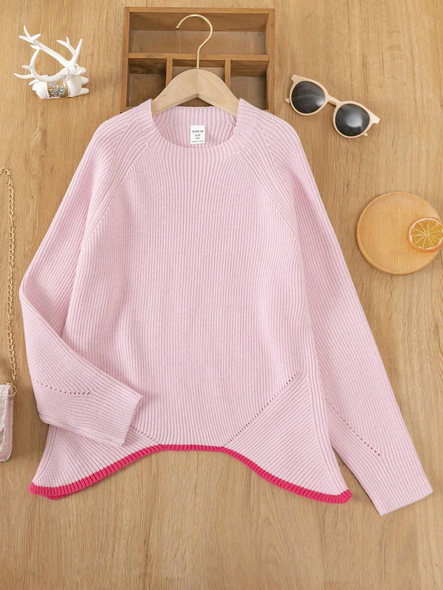 SHEIN Teenager Mädchen Pullover mit Raglanärmeln, Kontrast asymmetrischem Saum,