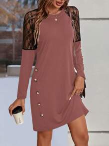 SHEIN LUNE Ren tương phản Tay Raglan Váy áo thun - Bụi hồng - Xem 6
