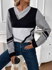 SHEIN LUNE Color Block Button Detail Sweater - Multicolor - View 6
