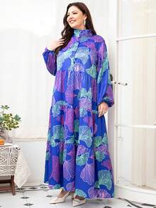 Plus Floral Print Lantern Sleeve Ruffle Hem Arabian Dress - Blue - View 5