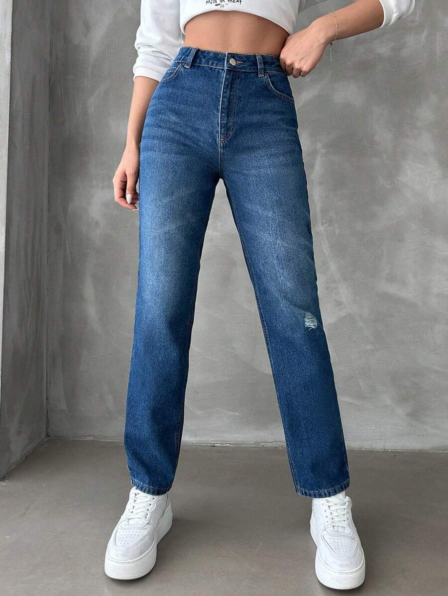 RueChic Zipper Fly Ripped Straight Leg Jeans - Blue - View 1