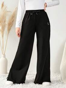 RueChic Teen Girl Drawstring Waist Wide Leg Pants - Black - View 1