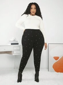 SHEIN CURVE+ 大碼水鑽細節高腰緊身打底褲 - 黑色 - 查看 3