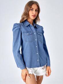 SHEIN LUNE Flap Pocket Gigot Sleeve Button Front Denim Top - Medium Wash - View 6