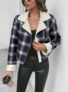 Chiquease Plaid Print Zip Up Thermal Lined Jacket Fall Cloth For Women - Black and White - View 4