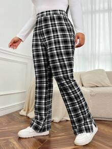 SHEIN EZwear 女性大尺碼黑色和灰色格紋高腰寬腿褲