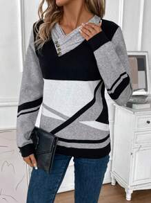 SHEIN LUNE Color Block Button Detail Sweater - Multicolor - View 4