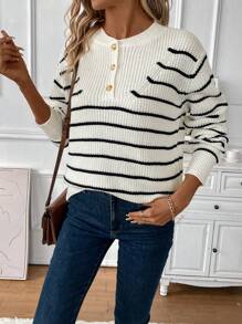 SHEIN Clasi Buttoned Half Placket Striped Sweater - Black and White - View 5