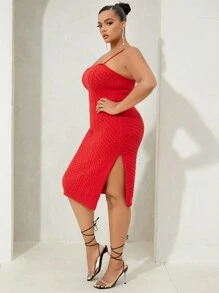 SHEIN SXY 聖誕節/新年加大尺寸手工絞花針織高領毛衣連身裙,帶有編織紋理 - 紅色 - 查看 7