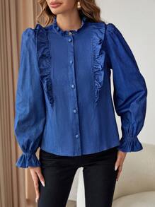SHEIN Privé Ruffle Trim Flounce Sleeve Blouse - Blue - View 5
