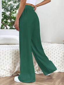 Muchica Solid Knot Waist Wide Leg Pants - Dark Green - View 2