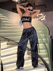 SHEIN ICON Top À Fines Brides Court À Strass Motif Lettre Croisé