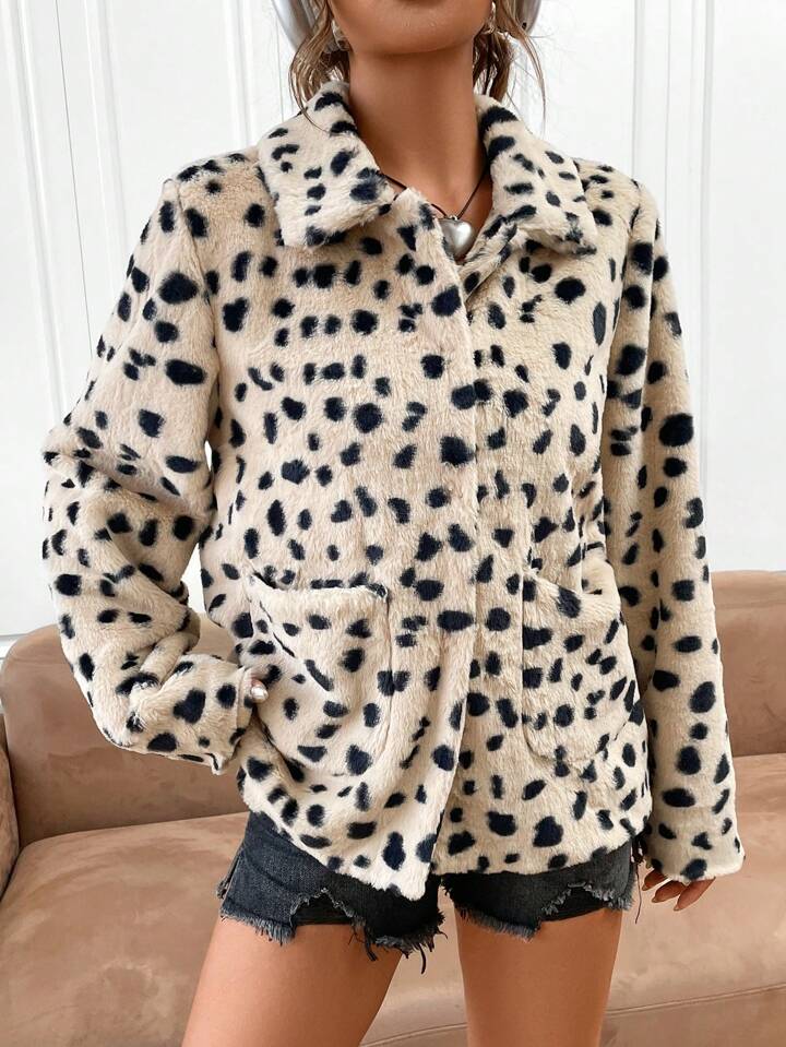 SHEIN EZwear Dalmatian Pattern Dual Pocket Teddy Jacket SHEIN
