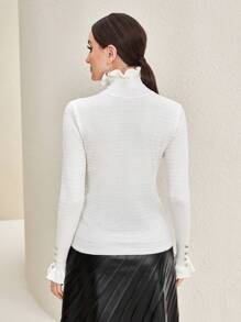Modelyn Mock Neck Flounce Sleeve Button Detail Sweater