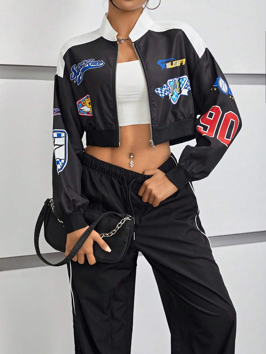 SHEIN EZwear Letter Graphic Drop Shoulder Crop Bomber Jacket | SHEIN USA