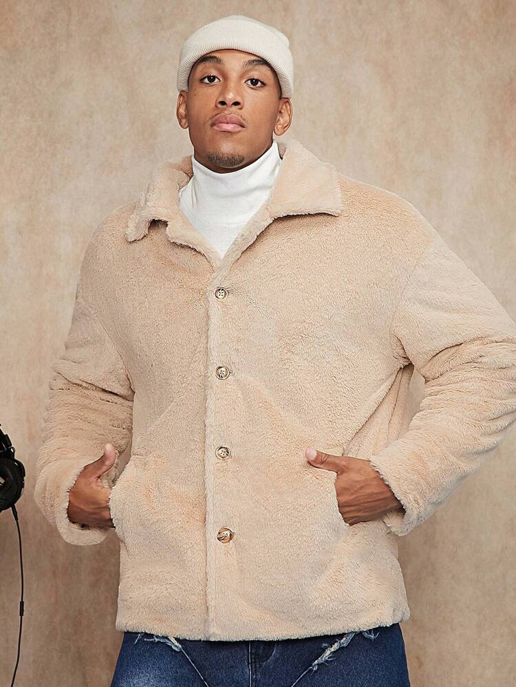 Loose Fit Men's Slant Pocket Drop Shoulder Teddy Jacket