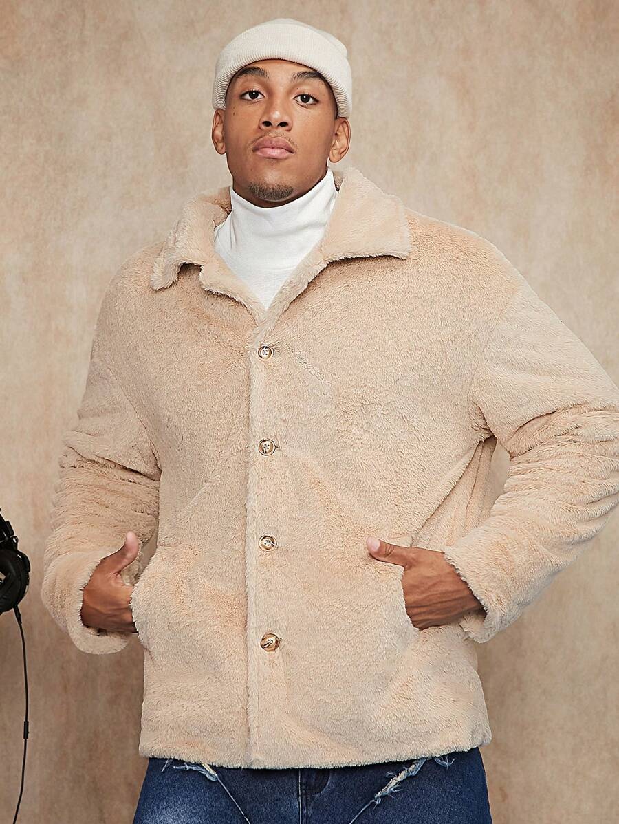 Manfinity Homme 宽松男士斜口袋落肩泰迪夹克 - 卡其色 - 查看 1