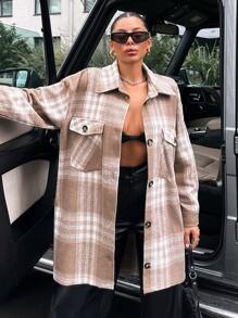 EURMUSE Plaid Print Drop Shoulder Flap Pocket Button Front Overcoat - Khaki - View 6