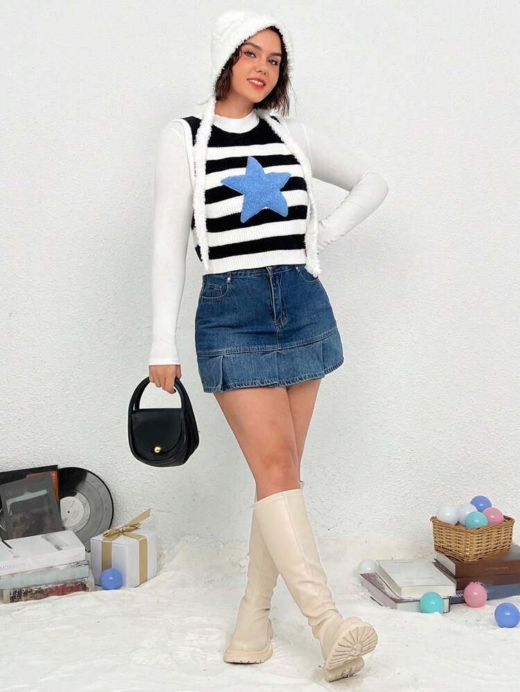 Plus Striped & Star Pattern Sweater Vest Without Tee