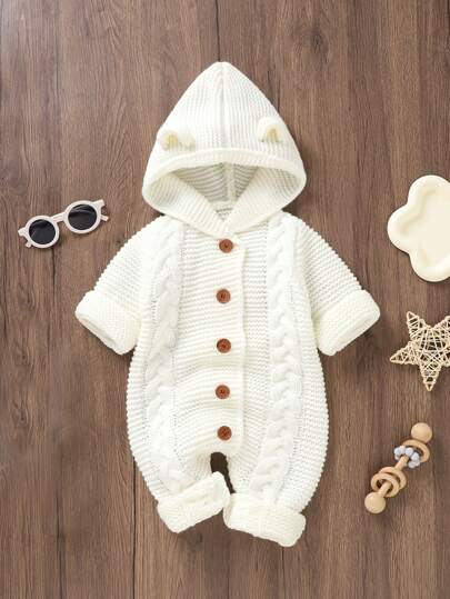SHEIN Baby Boy 3D Ear Design Button Front Cable Knit Jumpsuit