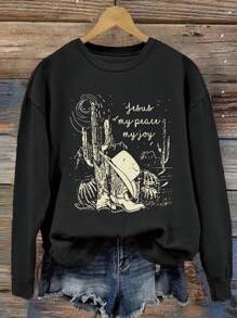 SHEIN EZwear Slogan Graphic Drop Shoulder Sweatshirt - Black - View 1