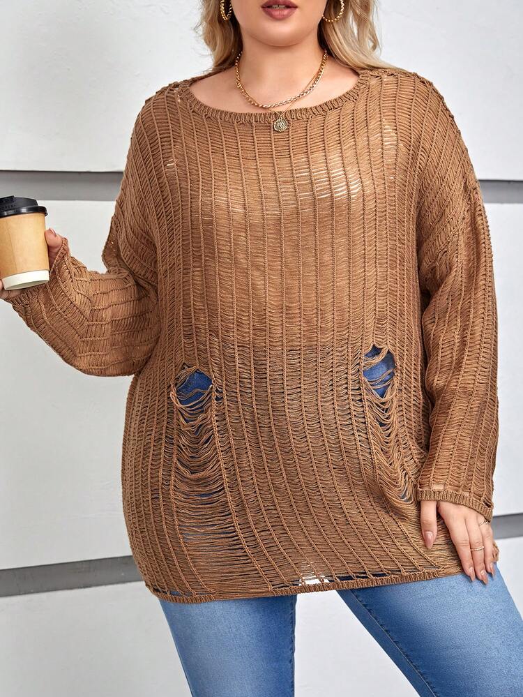 Plus Drop Shoulder Ripped Sweater