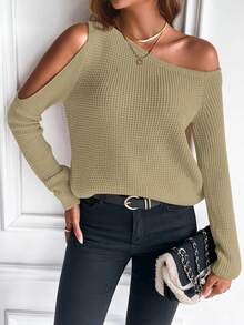 SHEIN Essnce 素色不對稱領肩部挖空套頭毛衣 - 卡其色 - 查看 4