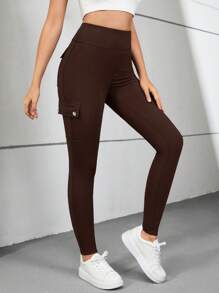 SHEIN Essnce Flap Pocket Side Wideband Waist Pants - Coffee Brown - View 2
