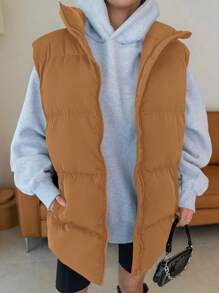 RueChic Solid Zip Up Puffer Vest Coat - Beige - View 4