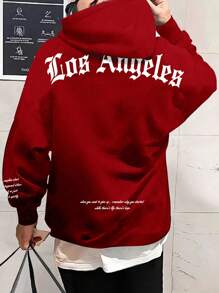 Manfinity Homme Sudadera Con Capucha De Corte Holgado Con Hombros Caídos, Gráfico De Eslogan Y Cordón Para Hombre - Rojo - Ver 1