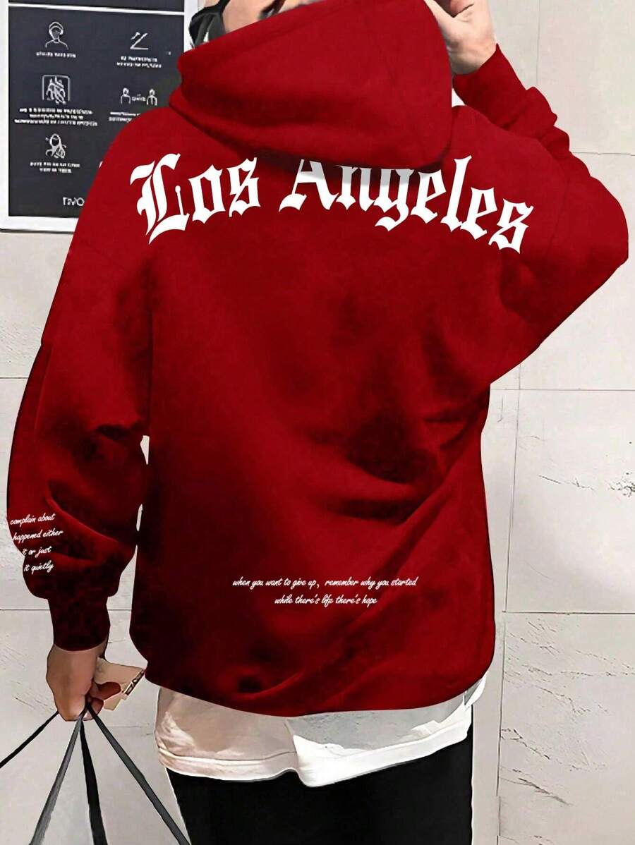 Manfinity Homme Sudadera Con Capucha De Corte Holgado Con Hombros Caídos, Gráfico De Eslogan Y Cordón Para Hombre - Rojo - Ver 1