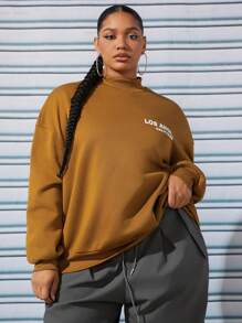 SHEIN SXY 大碼字母圖案落肩袖運動衫 - 棕色 - 查看 1