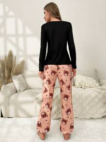Bear & Letter Graphic PJ Set / Pajama Set - Black - View 2