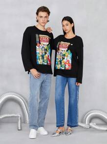 JUSTICE LEAGUE X SHEIN 1入組人物和標語圖案落肩T恤 - 黑色 - 查看 5