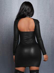 Slaydiva Đầm ôm sát bằng da PU khoét hở - màu đen - Xem 1