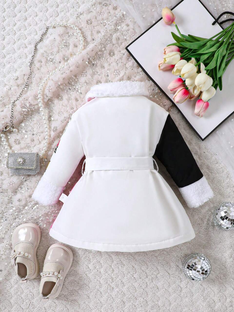 Girl Baby Cartoon Graphic Colorblock Belted Coat